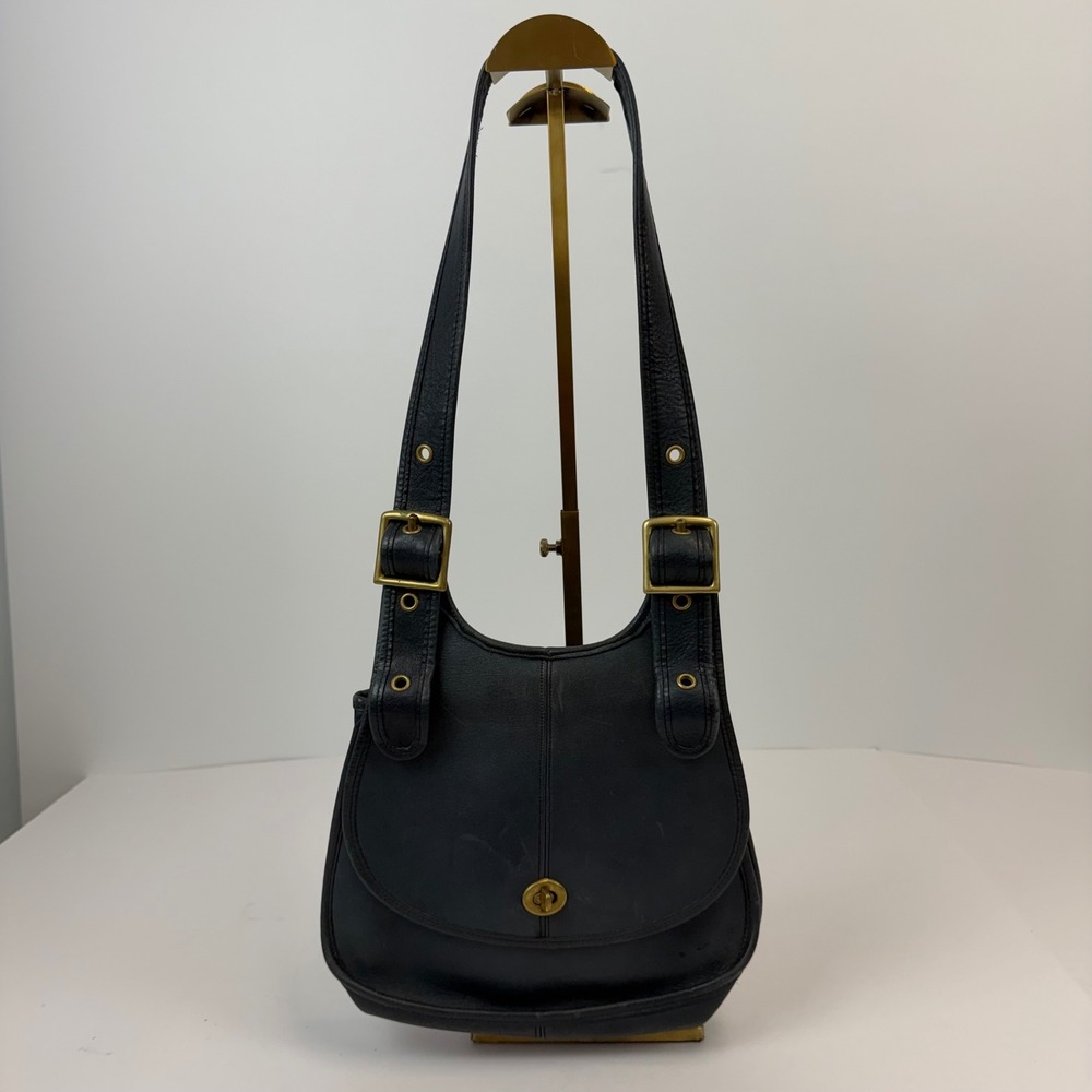 Vintage Coach Bonnie Cashin Crescent Black Leather Turnlock Double Strap Brass